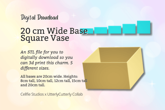 20cm Wide Base, Square Vase STL File - D