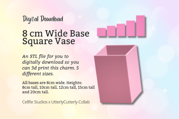 8cm Wide Base, Square Vase STL File - Di